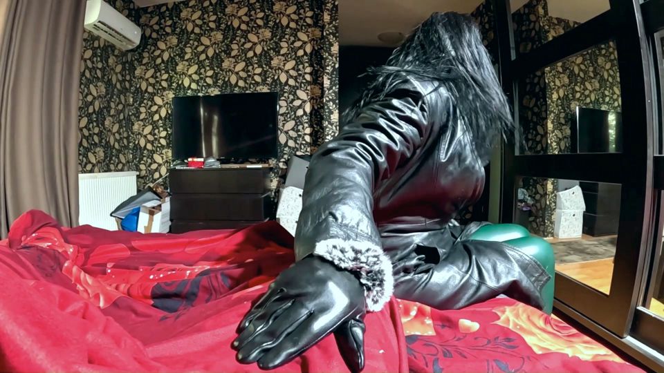 Leather Gloves Handjob. Smoking, Leather Coat and Cum on Leather