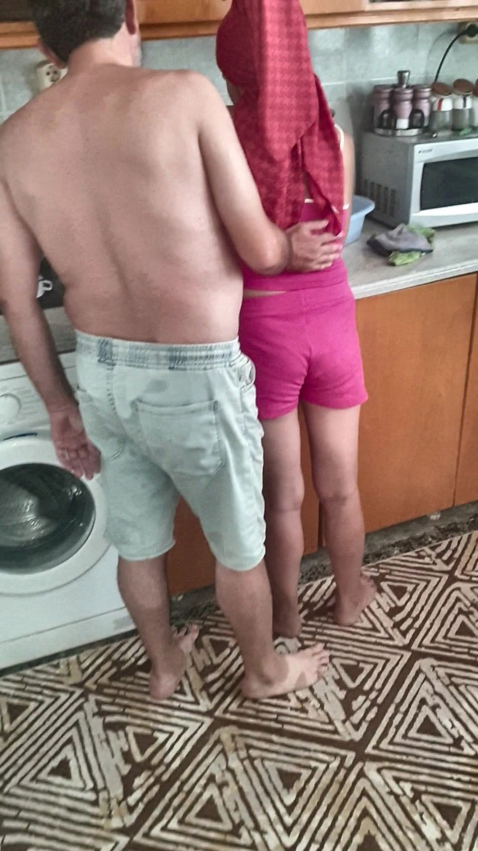 I made my maid, who wears a headscarf, perform oral sex on me in the kitchen.