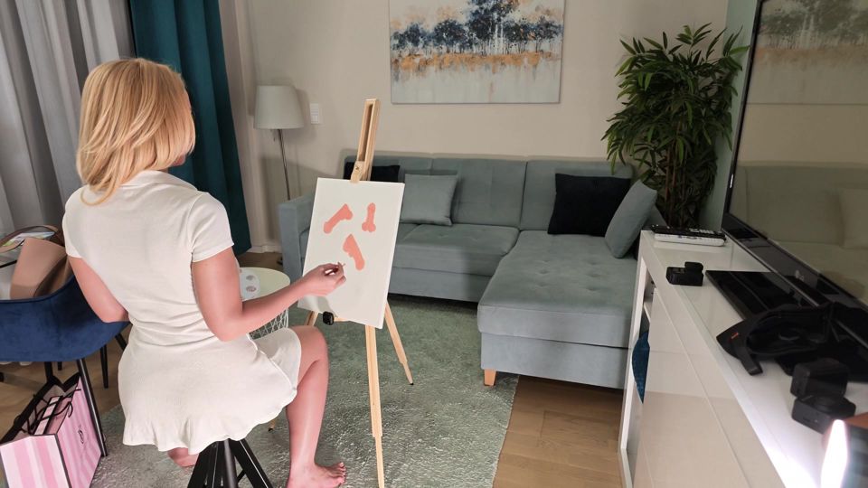 Big tits big ass all natural hottest blonde painter dreams about a dick and a small cock appears for her to play with