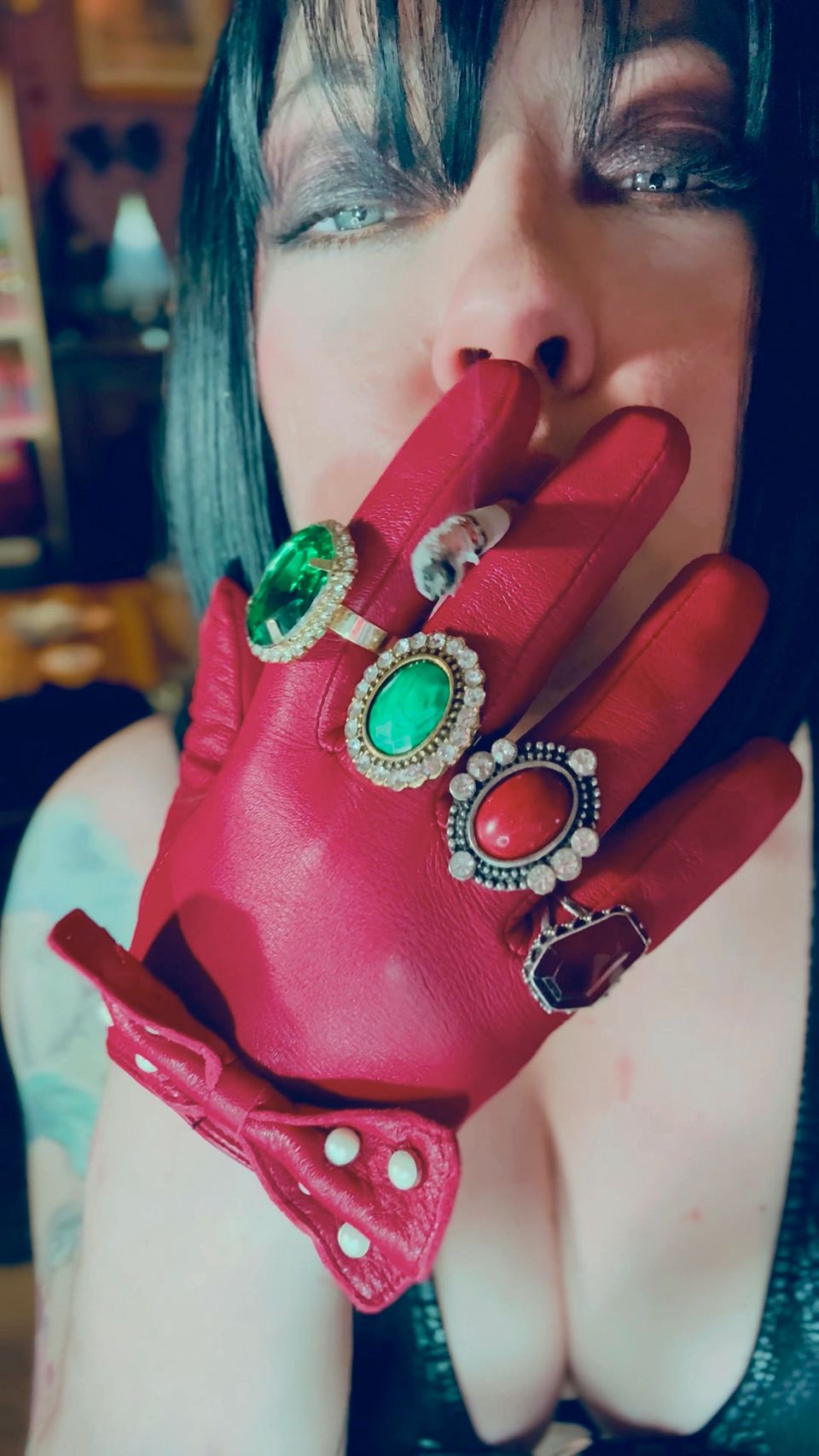 Red Leather Gloves & Rings! Smoking Tart Tina Snua Smokes A Cigarette & Shows Off Her Gloves - Smoker