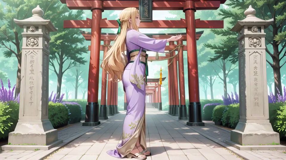 Blonde in Lavender! Kneeling Barefoot Under the Red Torii Gate, Her Andouf Fluttering in the Breeze