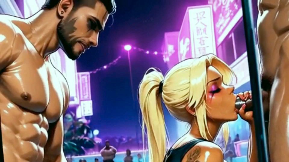 Young Blonde Slut Likes Double Penetration with Big-dicked Dark-haired Guys.