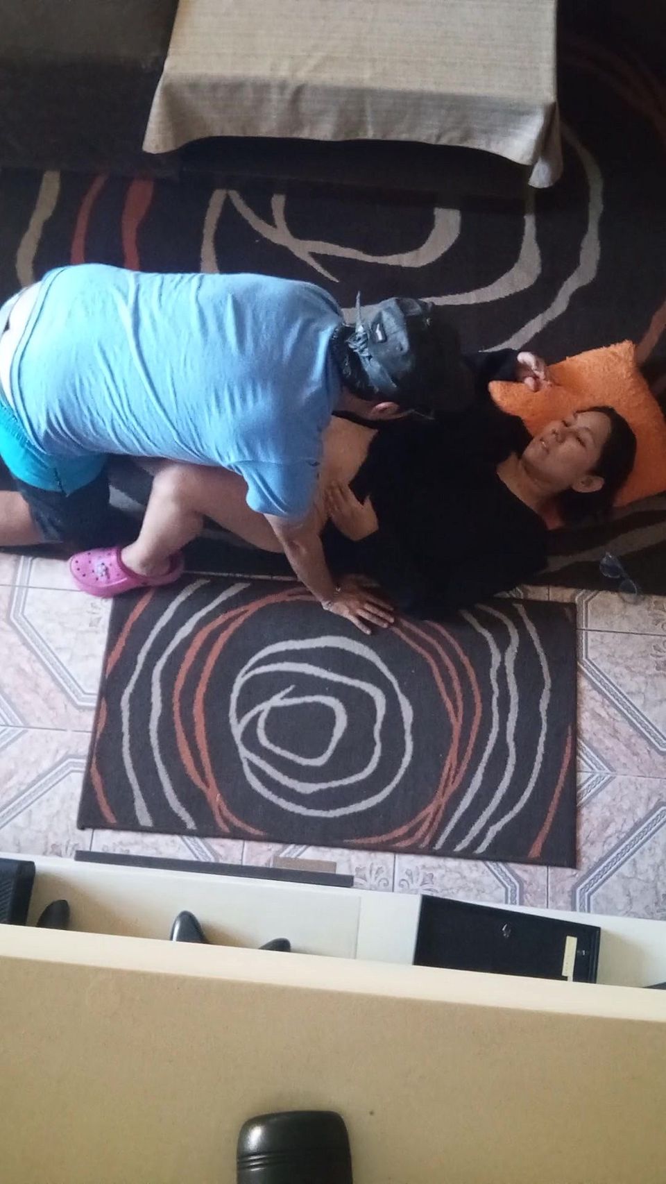 With the stepmother in the living room of the empty apartment