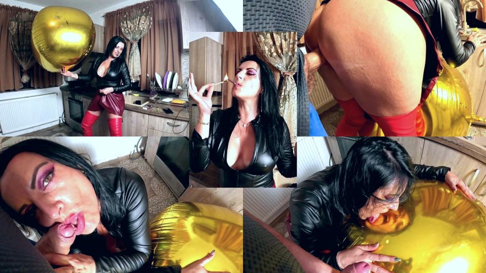 Shiny Inflatable Balloon Fetish. Leather Smoking, Spitting and Double Cum Licking