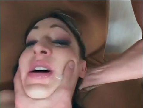 Three guys stuff hot brunette in lingerie with cocks in the living room