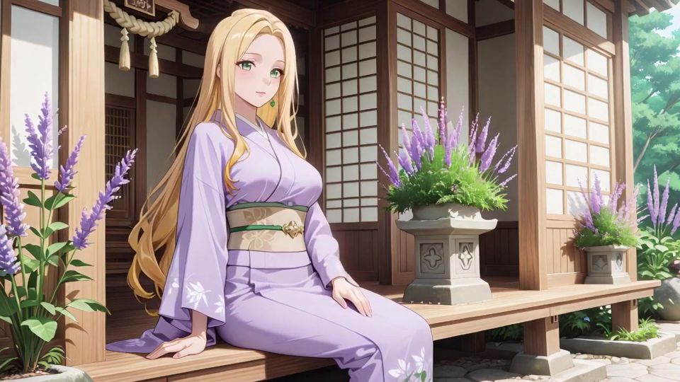 Blonde in Lavender! Kneeling barefoot under the red Torii gate, her andouf fluttering in the breeze.