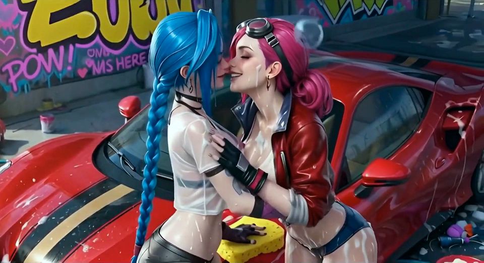 Jinx and Vi Washing the Red Ferrari Wet and Soapy