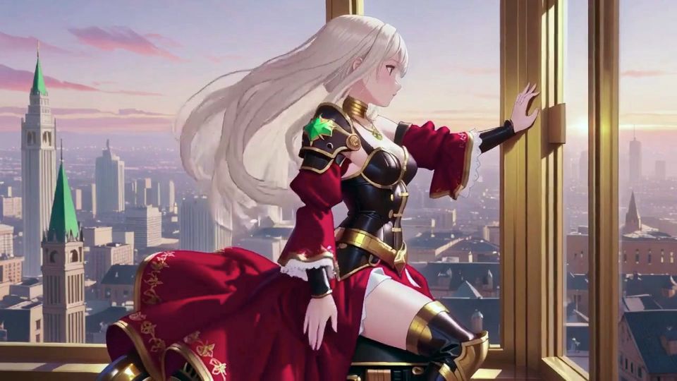 Forbidden Fantasy in Red & Green Armor! Blonde Knight Lounges Seductively While Her Silver -haired Partner Kneels to Serve