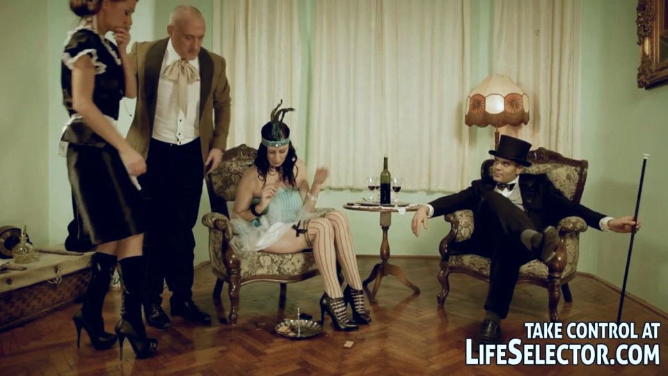 Lady and maid get punished and fucked by two gentleman.