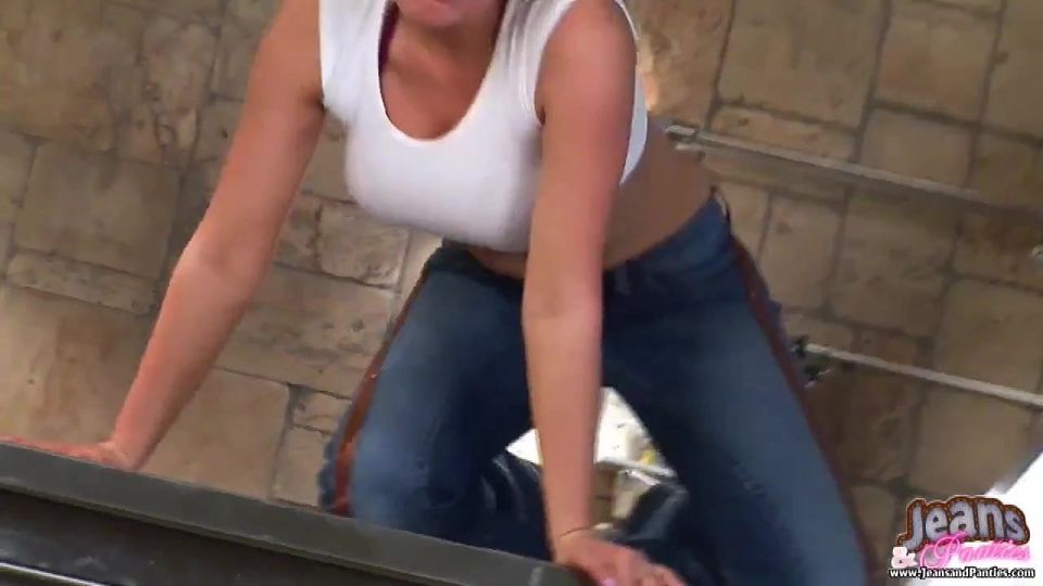 Tight busty blonde Sabine in skinny jeans