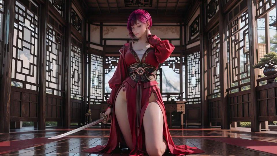 Purple-haired War Maiden in high-slit kimono, kneeling to tease your eyes with a fiery gaze and a wet, forbidden whisper.