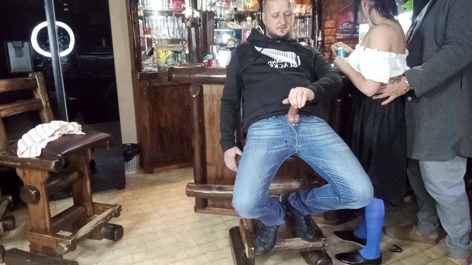 Good looking hotty having fun two guys in the bar