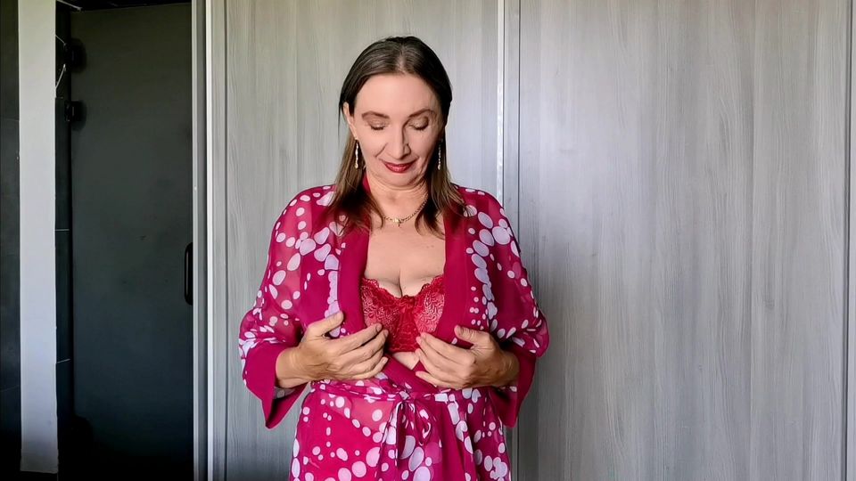 Red Lingerie Seduction: Mature Beauty Slowly Undresses Until Only Her Stockings Remain