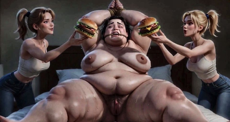 Fat Ugly Woman in Bondage - Food Degradation by Two Hot Girls