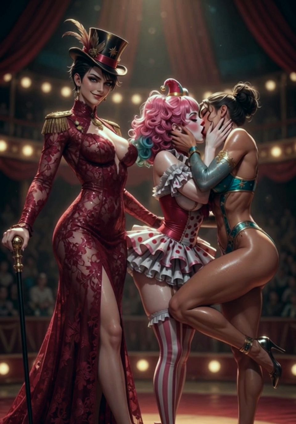 Anime circus strip ring leader clown and acrobat sexy circus show