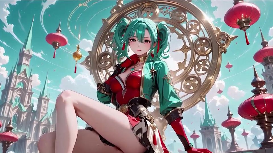 Green-haired warrior in a black-red battle robe, commanding yet shy on the floating terrace.