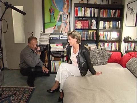 Blonde mature gets excited at casting and rubs her pussy