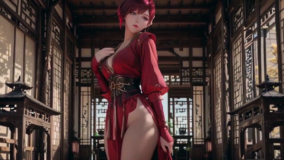 Purple-haired War Maiden in High-slit Kimono, Kneeling to Tease Your Eyes with a Fiery Gaze and a Wet, Forbidden Whisper.