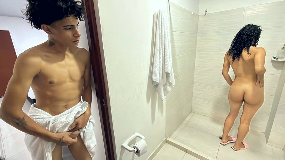 I spy on my young stepsister showering and take advantage of the fact that no one is home to fuck her and cum in her tight pussy
