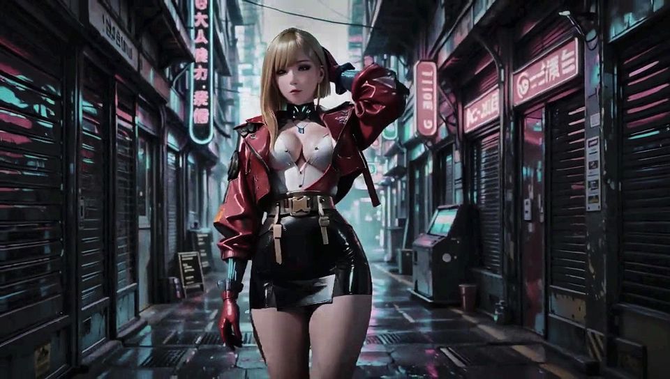 Red Leather Jacket Glistening Under Neon Rain, Kneeling Pose That Breaks the Armor