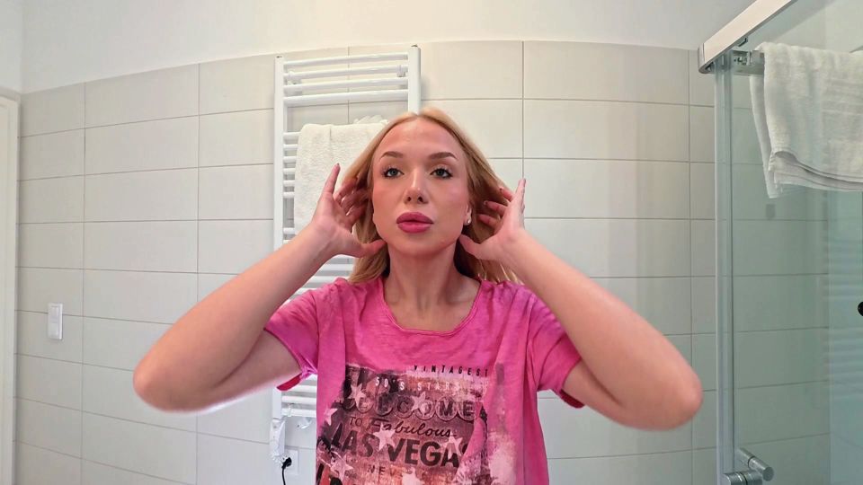 Super hot amazingly beautiful all natural big tits big ass blonde touches her pussy and panties under her skirt in the bathroom
