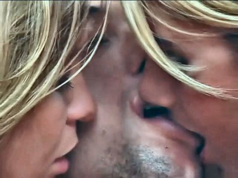 Two hot blonde girls fuck a guy and each other with strapons