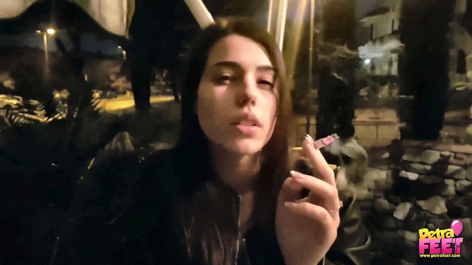 Smoking and foot fetish in outdoor with cute teen