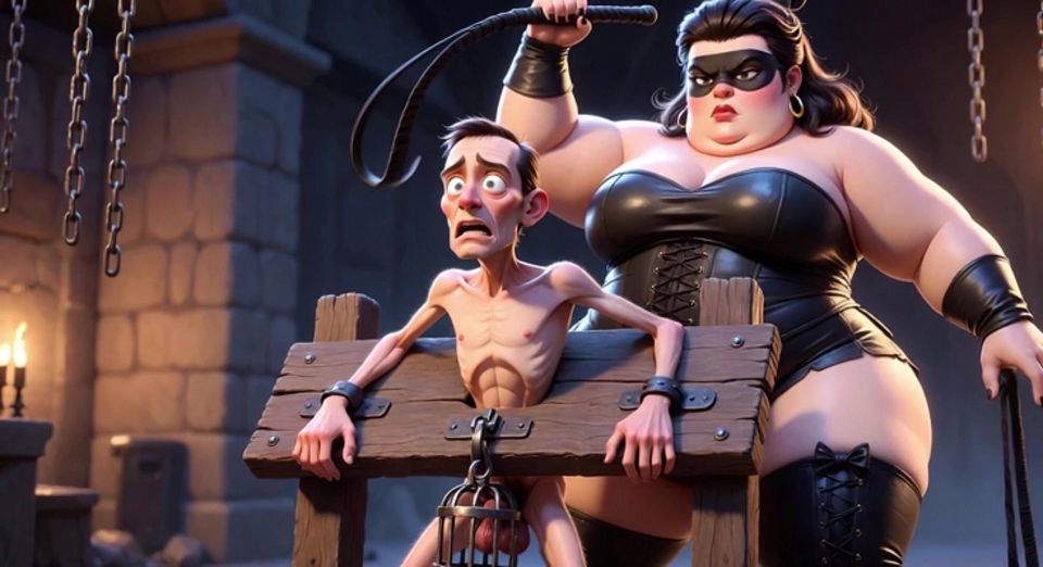 Fat Dominatrix Whips Slaves Caged Penis - Extreme Humiliation