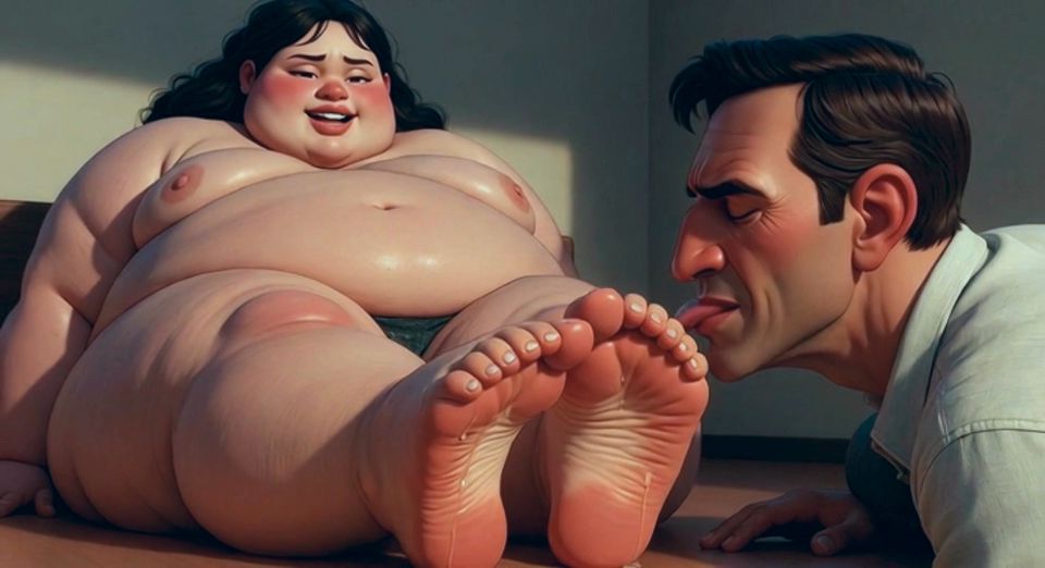 Submissive Slave Licking Sweaty Feet of Obese SSBBW Mistress