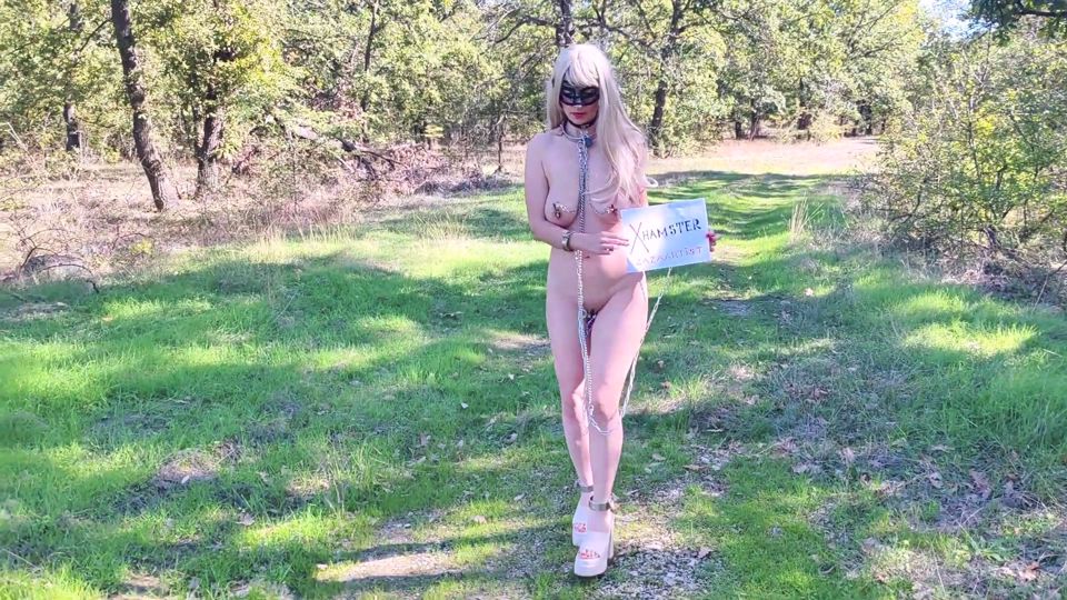 The submissive slave is being punished by having to put on a show for her fans on the highway.