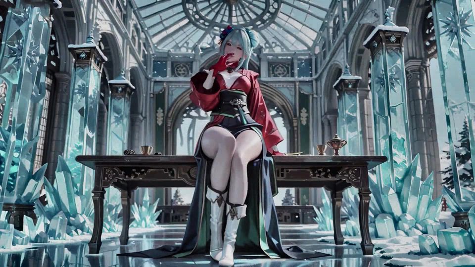 Ice Throne! Silver-haired Mage in Red-green Gown Kneeling, Blue-haired Partner Teasing in Realm!