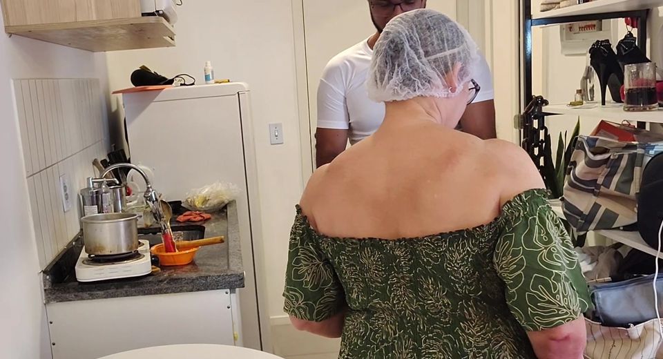 87-year-old Grandma in Her Kitchen and Her Perverted Grandson Looking Under Her Dress