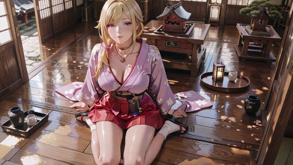 Purple Kimono Fantasy! Blonde Goddess in the Japanese Corridor, lazy gazes, hand on hips, sunlight drenching her skin.