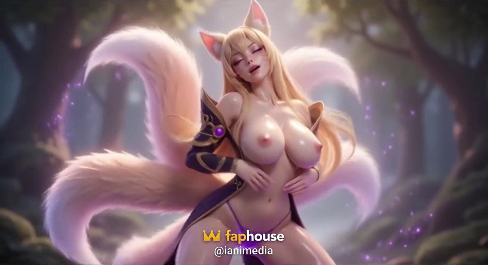 Ahri Fox Girl Tease - All Fours Bounce, Breast Play & Oiled Kitsune Body