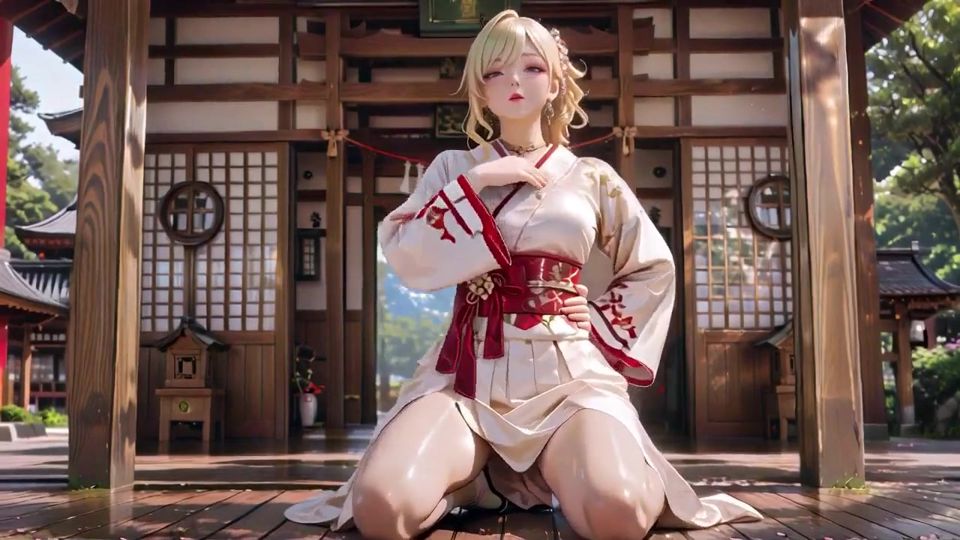 Blonde Kimono Girl! Forbidden Contrast From Shrine to Pure White Bed, Half-unbuttoned, Fingertips Trembling