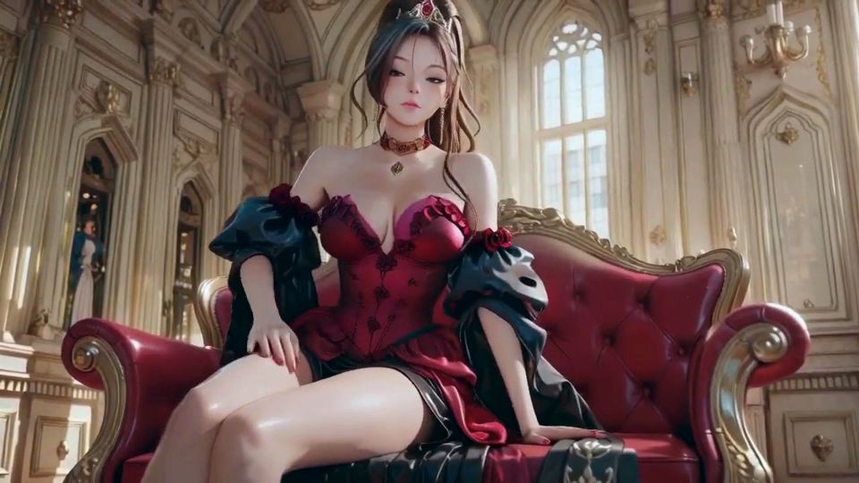 Queen in White! Red & Black Gown Princess on All Fours, Lips Parted for a Tease