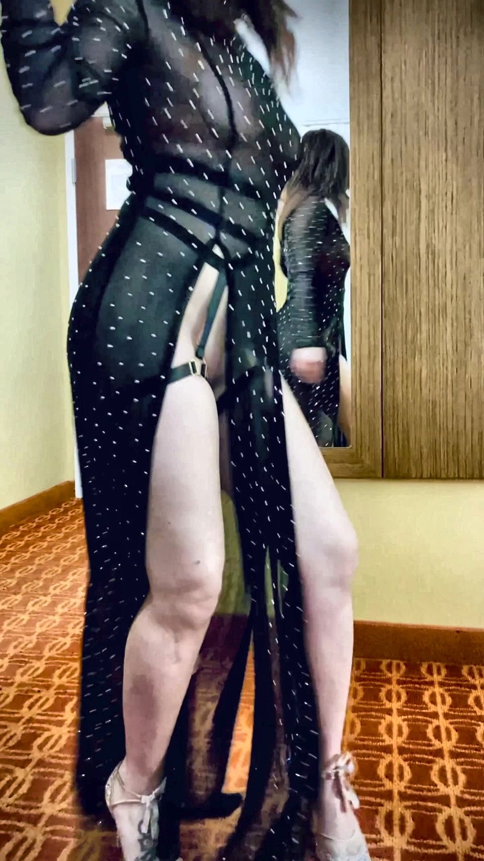 HOT brunette in see-thru dress and heels teases