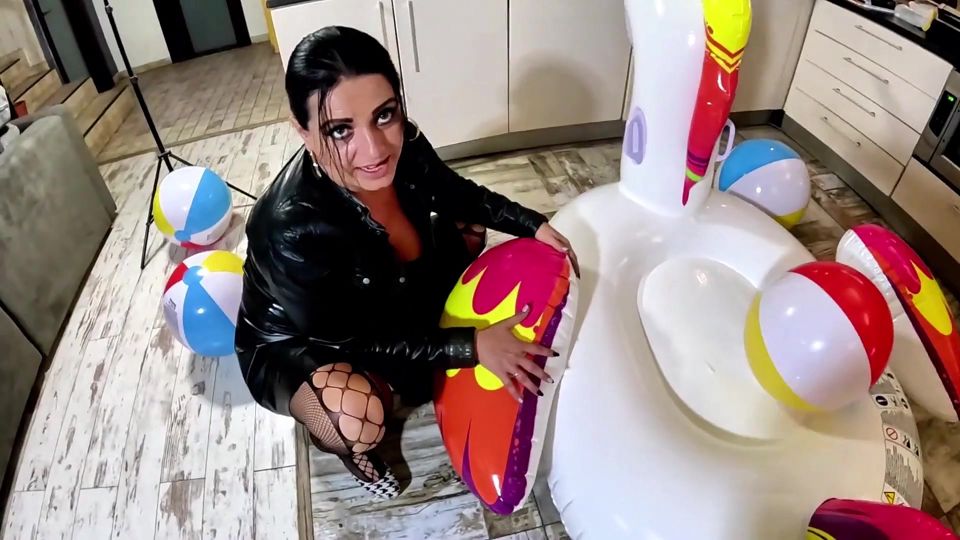 Dominant Biker Leather MILF Inflatable Office Fantasy. Beach Balls, Oral, Doggy and Cum Play