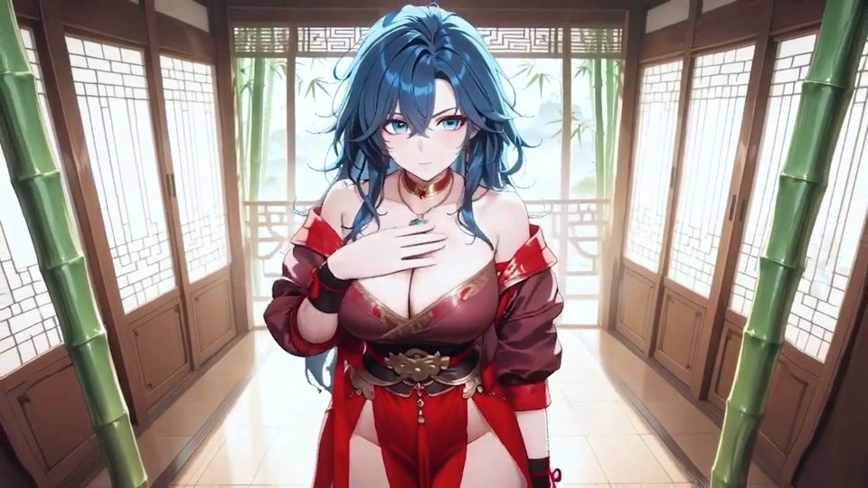 Blue-haired Domme Vs Muscular! Forbidden Deep Squats in a Navy Bedroom, Shy Chest Covering but Hips Thrusting Wildly