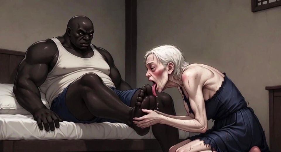 90 Year Old Granny Slave Licking Giant Black Man Feet - Wet Pussy Pleasure