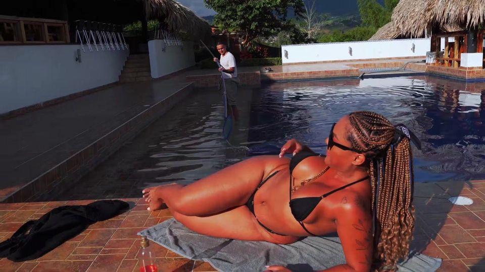 ebony brunette gets fucked on the terrace by her gardener with a huge cock