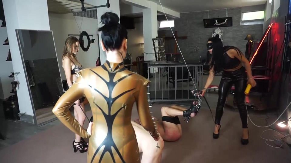 Nasty femdom chicks whipping their poor slaves