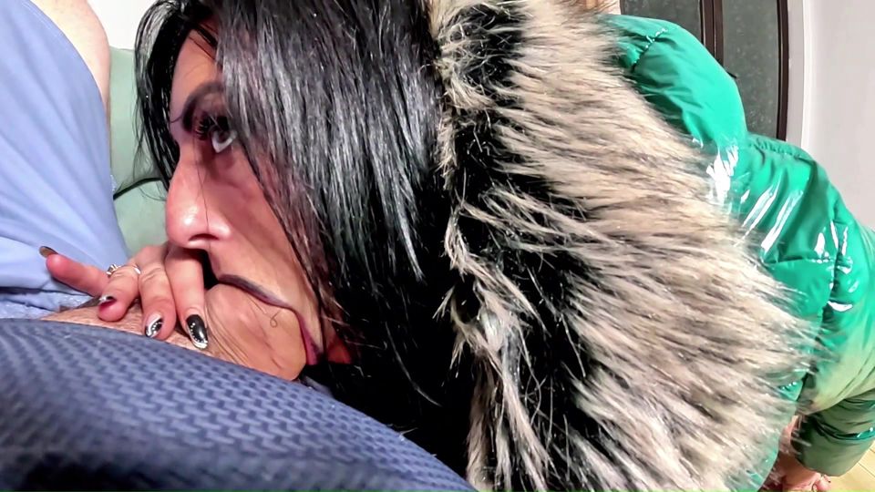 Glossy Fur Hooded Downjacket POV. Deepthroat, Sleeve Play, Riding and Double Cum