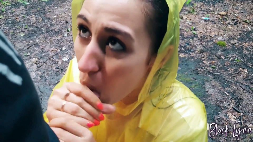 Brunette Girl in Yellow Raincoat Sucks Cock Outdoors