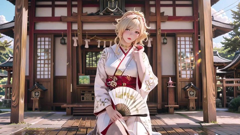Kneeling under the Torii gate in a beige modified kimono, she touches her chest and traces her collarbon